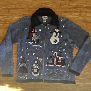 B.P Design Vintage Winter Christmas Blue Cardigan Sweater Womens Small
